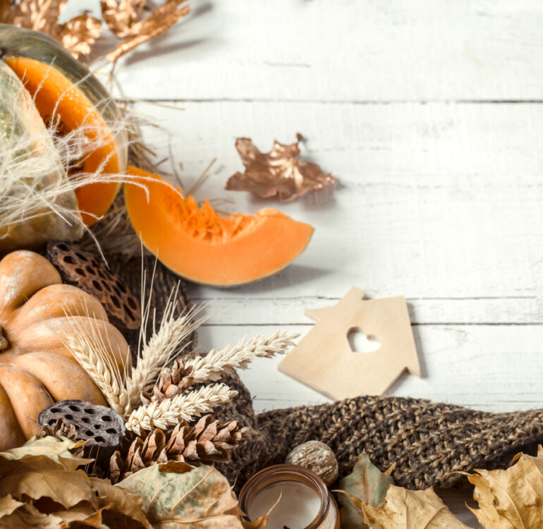 Autumn background with decorative elements and pumpkin on a wooden white table. The concept of the fall items and decor. Space for text.